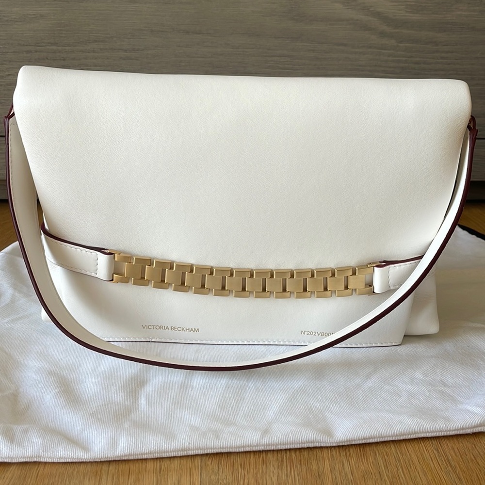 New Victoria Beckham chain pouch with strap shoulder bag. In color white